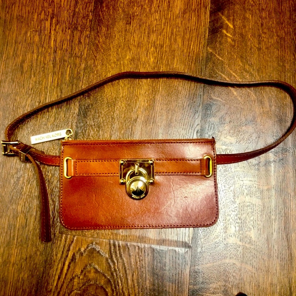 Michael Kors Leather Belt Bag Fanny Pack Bum Cognac Tan Lock Hamilton MK. Sz OS